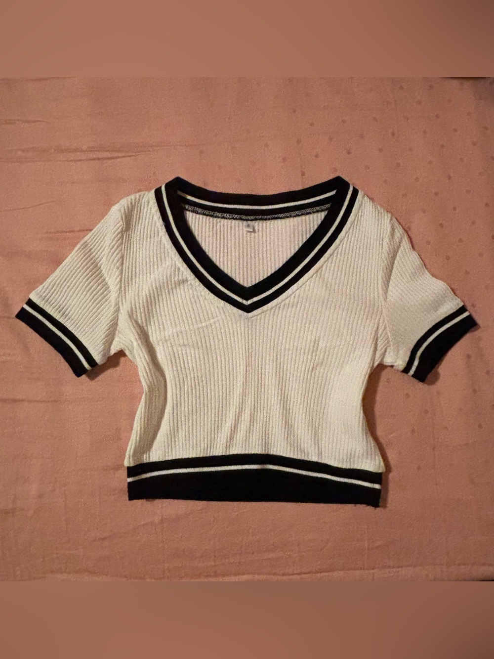 White V-Neck Short Sleeve Cropped Top with Black Trim